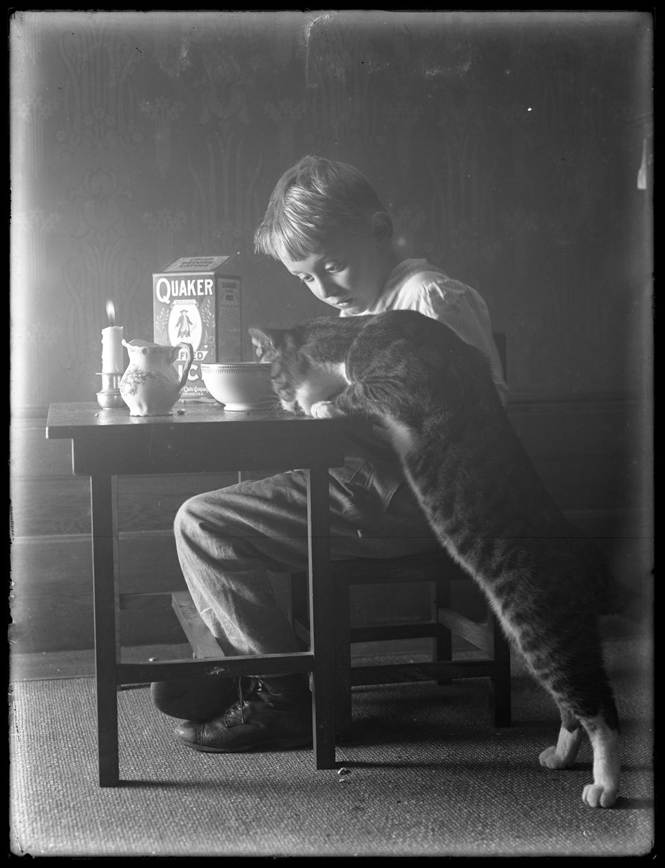 William Gray Hassler och katten Reddy, äter kväkarpuffade risflingor, ca 1912 av William Davis Hassler