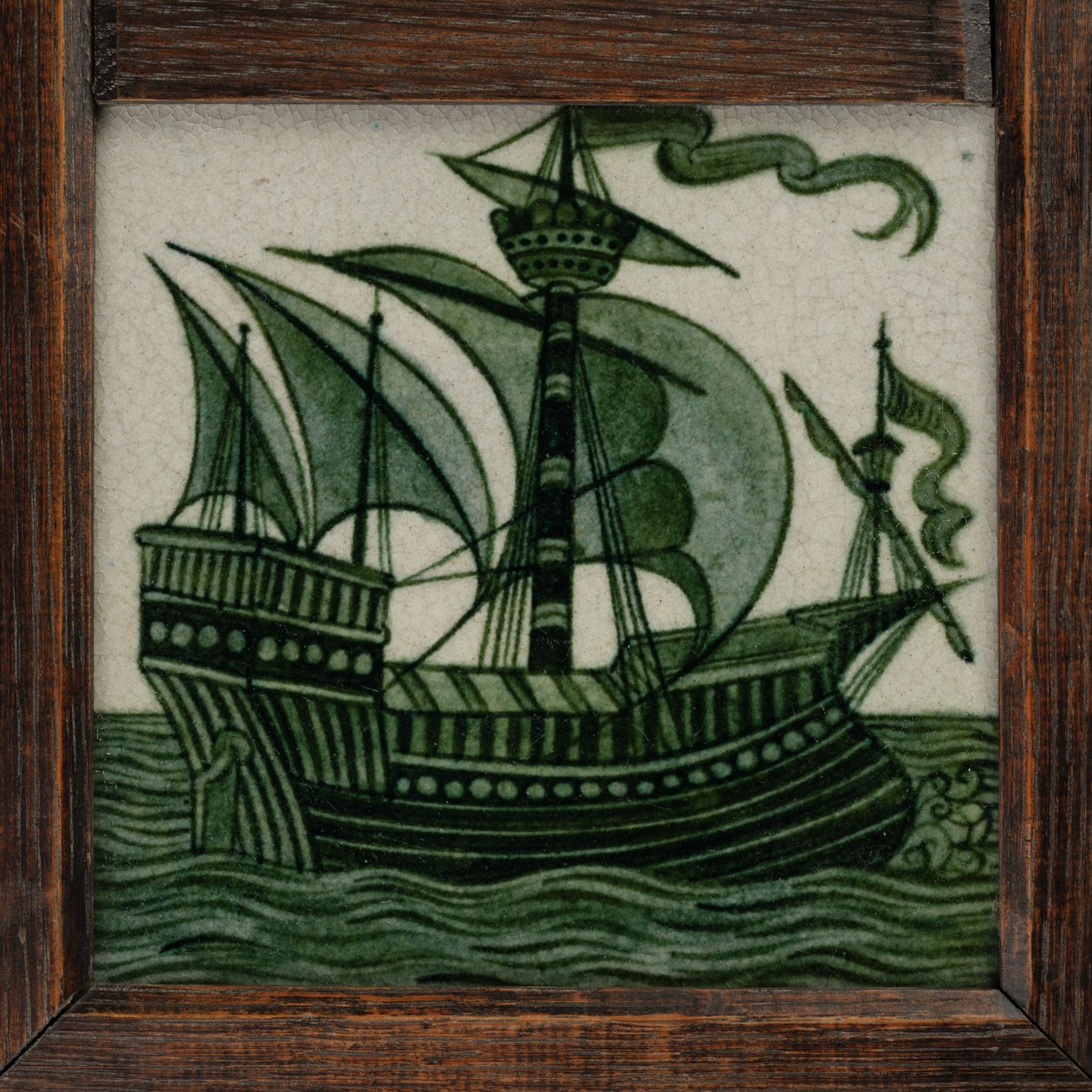 Kakelpanel av fartyg i fulla segel, i ram, ca 1865-80 (keramik) av William de Morgan