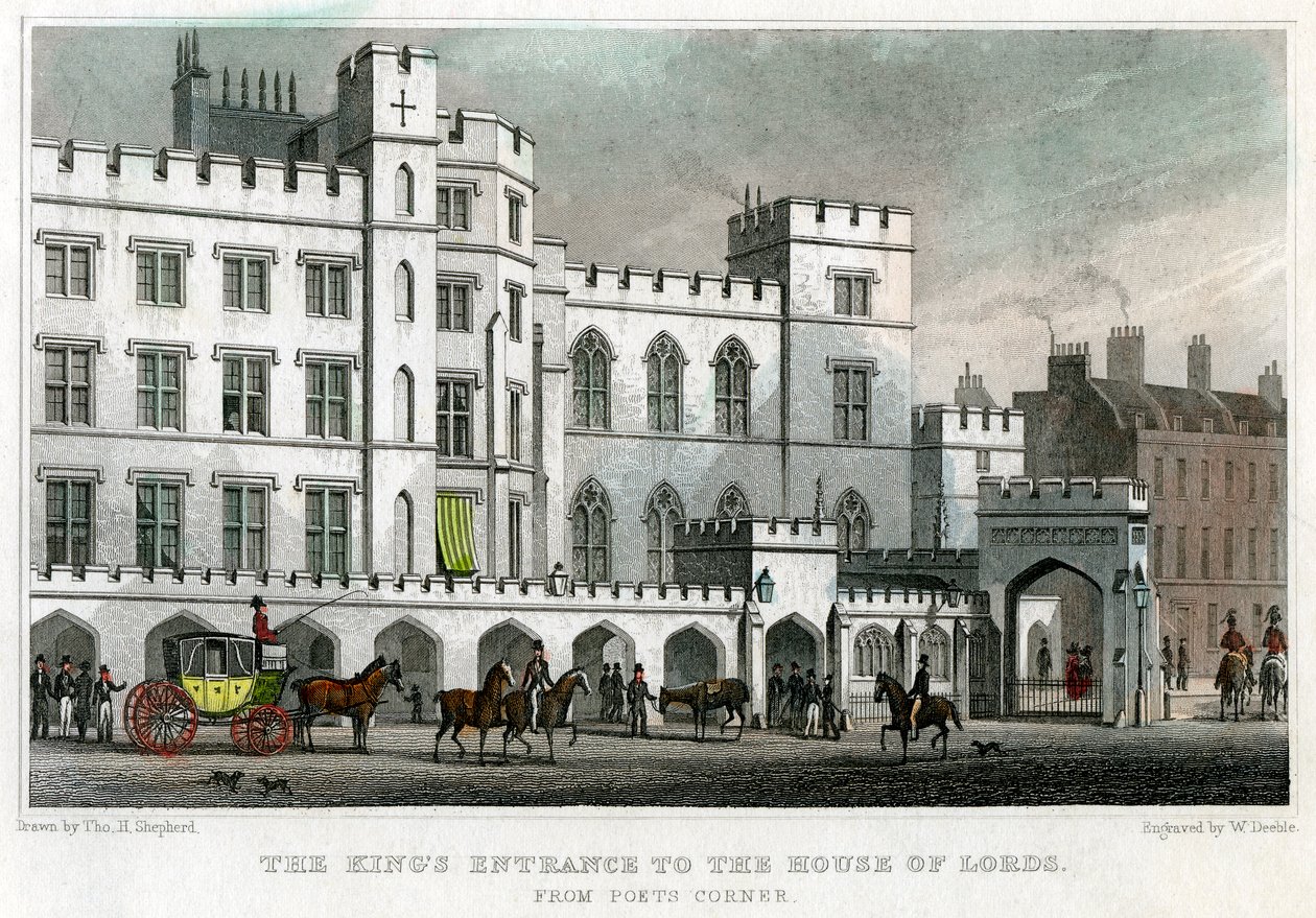 Kings ingång till House of Lords, Palace of Westminster, London, 1829. av William Deeble