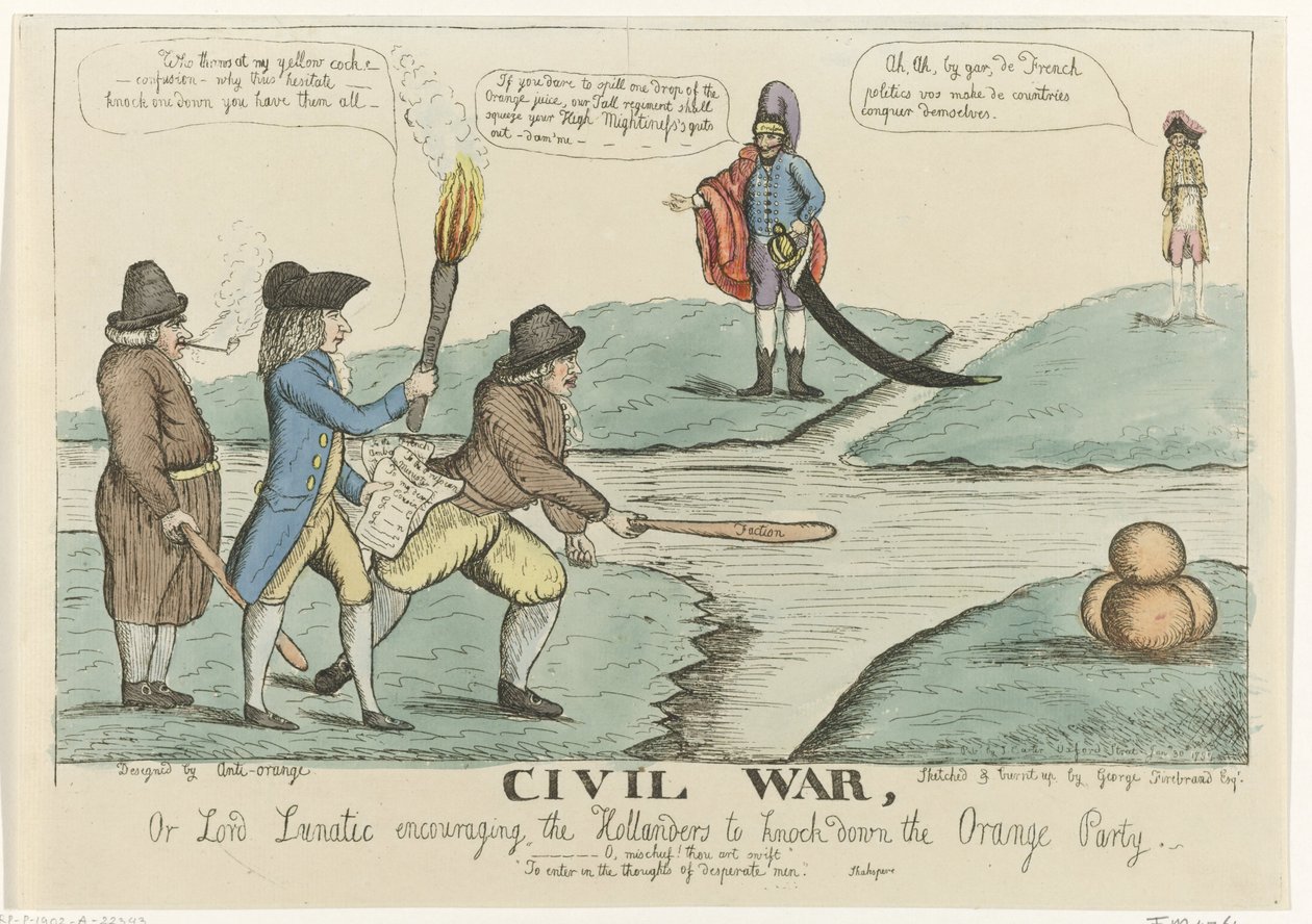 Engelsk tecknad serie av den holländska inbördesstriden, 1787 Inbördeskrig, eller Lord Lunatic som uppmuntrar holländarna att slå ner Orange Party (titel på objekt) av William Dent