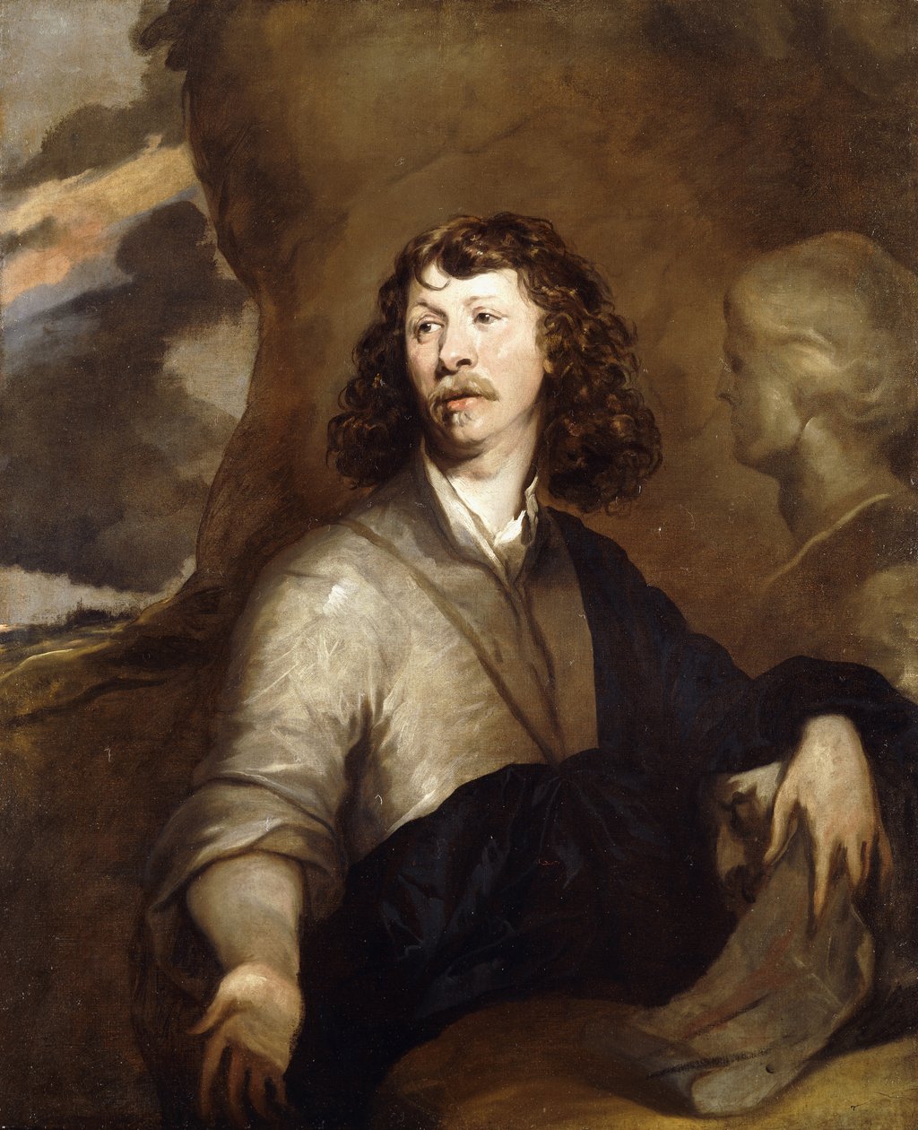Porträtt av en gentleman, möjligen konstnären, halvlångt, i en brun mantel och blå omslag, bredvid en marmorbyst, i ett stenigt landskap, av William Dobson