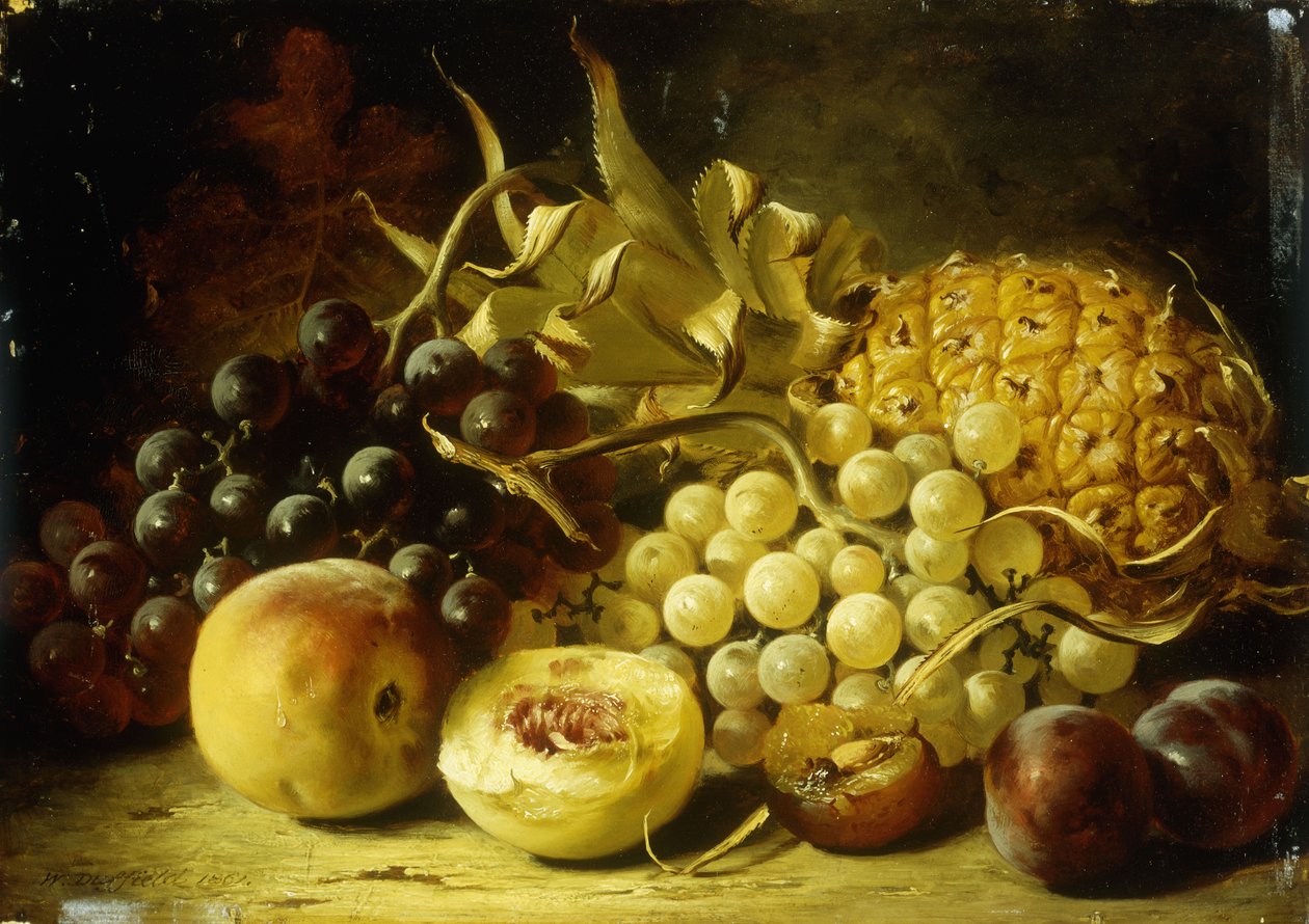 Ett stilleben med vindruvor, persikor, plommon och en ananas, 1861 av William Duffield