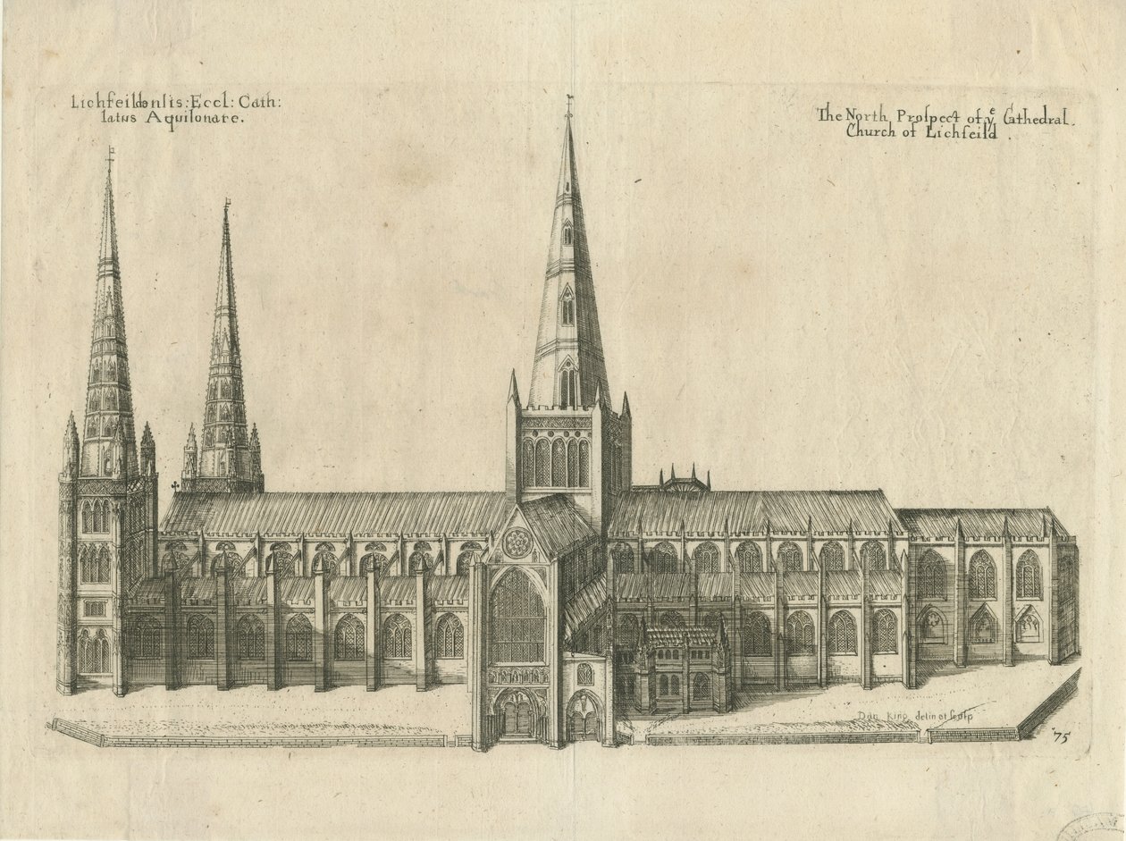 Lichfield Cathedral - South View: kopparplåtgravyr, nd [?mitten av 1600-talet] av William Dugdale