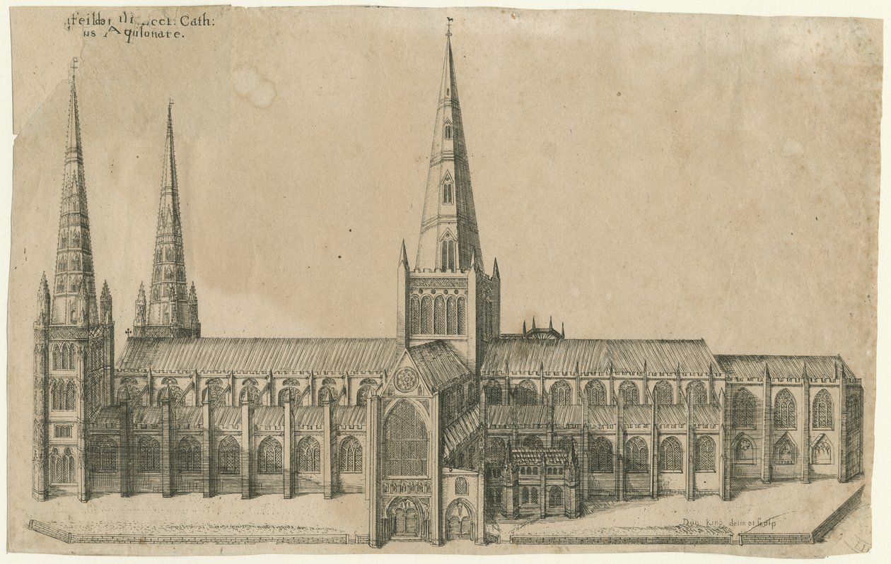 Lichfield Cathedral - South View: kopparplåtgravyr, nd [?mitten av 1600-talet] av William Dugdale