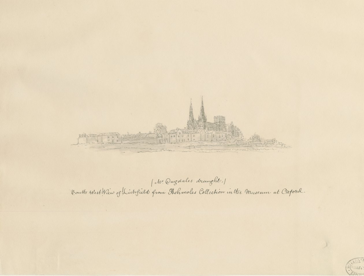 Lichfield Cathedral - South West View: blyertsteckning och [?1600-talet] (teckning) av William Dugdale