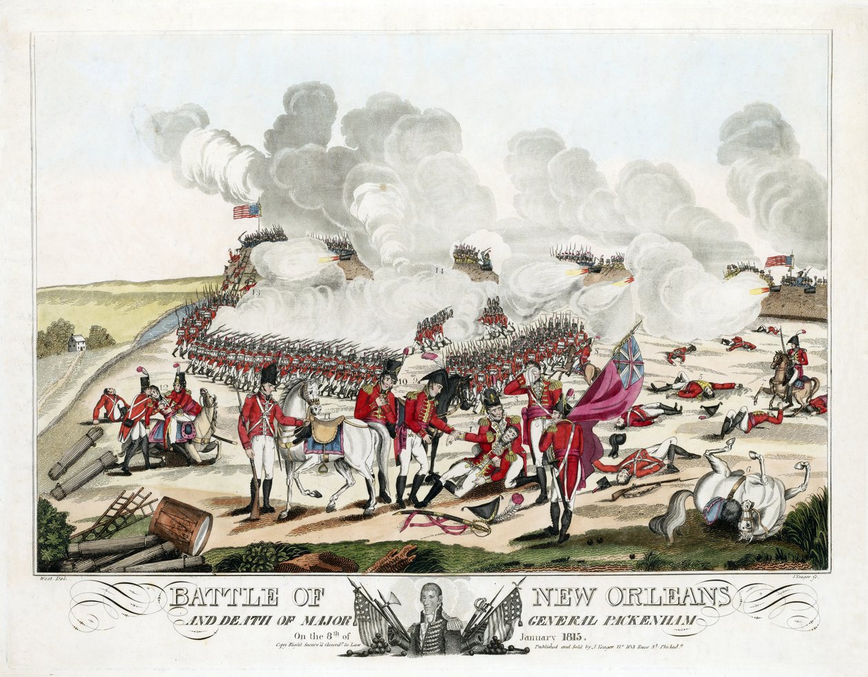 Slaget vid New Orleans och generalmajor Packenhams död den 8 januari 1815, pub. 1815 (färgad gravyr) av William Edward (after) West