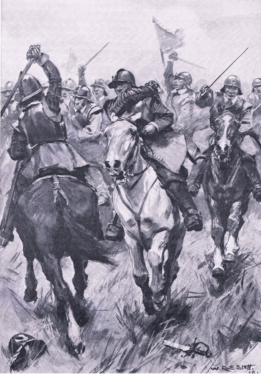 Kavallerikonflikten i Dunbar den 3 september 1650, illustration från brittiska striderna på land och hav, 1915 av William Edward Stott