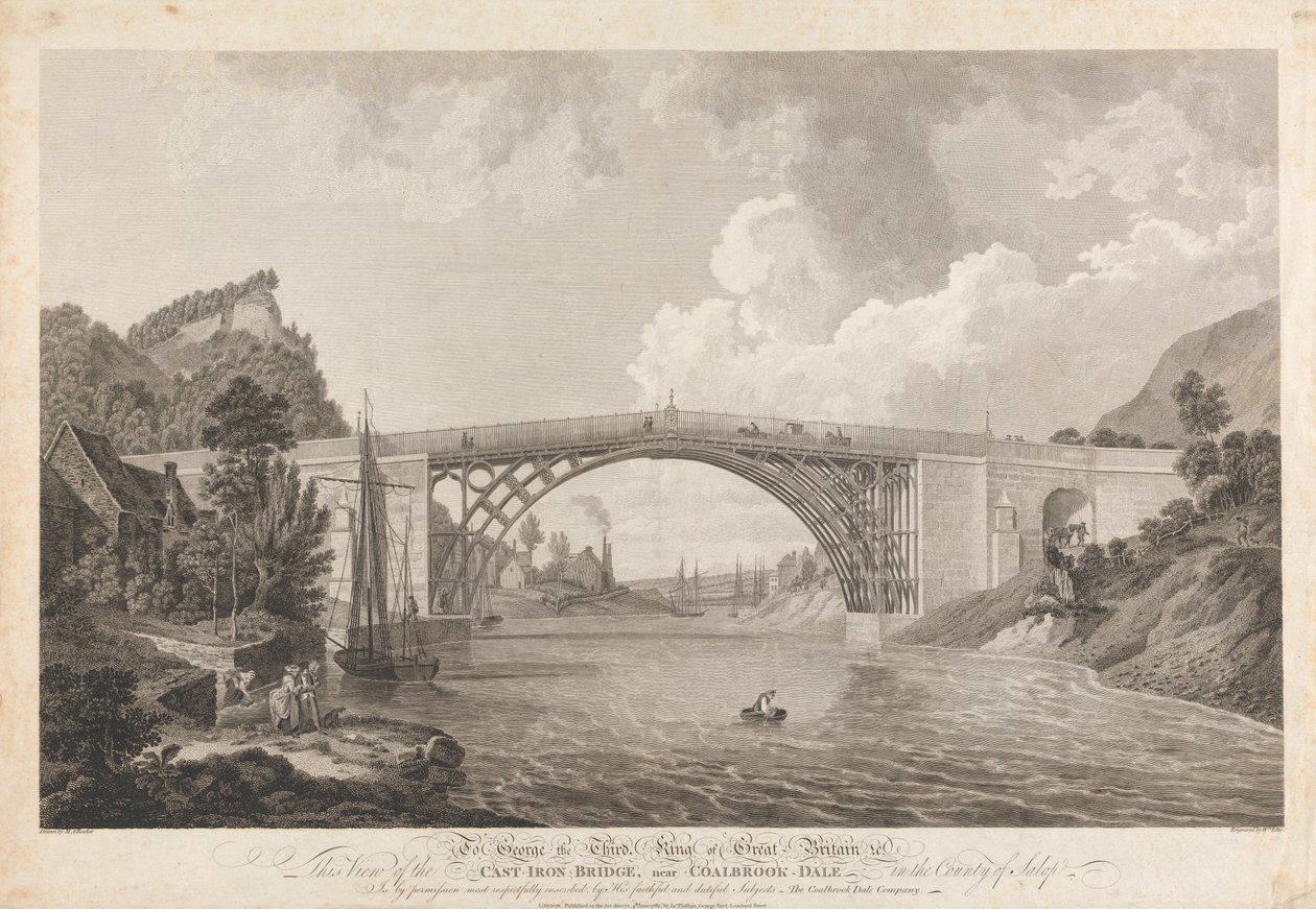 Utsikt över Cast Iron Bridge nära Coalbrookdale av William Ellis