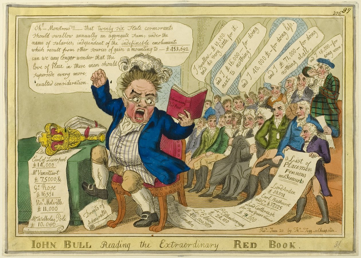 John Bull läser den extraordinära röda boken av William Elmes