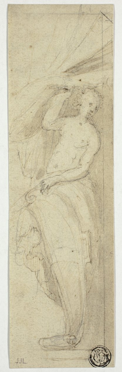 Kvinnlig figur drar undan ridån av William Etty