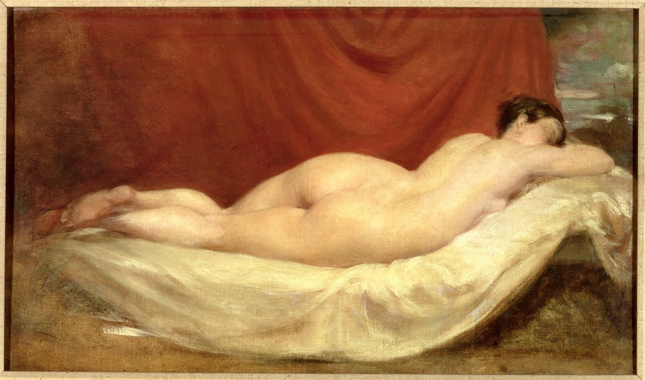 Naken Ligger På En Soffa Mot En Röd Gardin av William Etty
