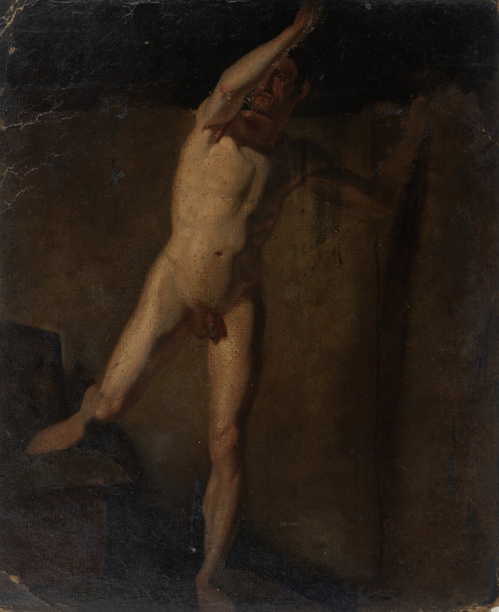 Stående hane naken, upphöjd höger arm, höger fot vilande på block av William Etty