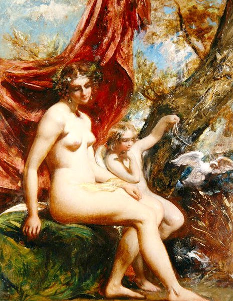Venus och Amor med en duva (olja på panel) av William Etty