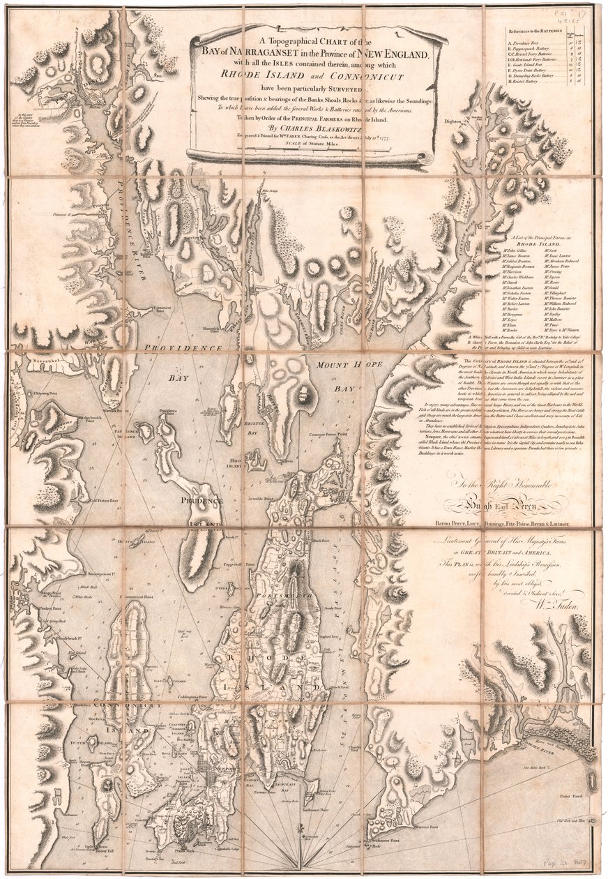 Ett topografiskt diagram över Rhode Island av Blaskewitz av William Faden