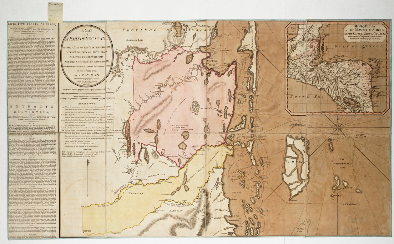 En karta över en del av Yucatan eller den del av den östra kusten inom Hondurasbukten som tilldelats Storbritannien för avverkning av timmer, i enlighet med den konvention som undertecknades med Spanien den 14 juli 1786. Av en man från Bay. av William Faden