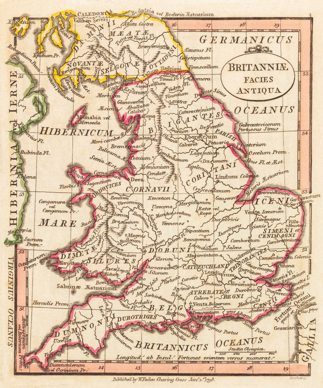 Forntida Storbritannien. Karta. av William Faden