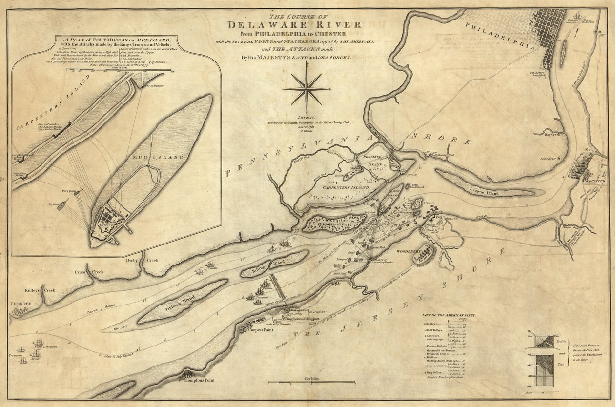 Delawareflodens lopp från Philadelphia till Chester av William Faden