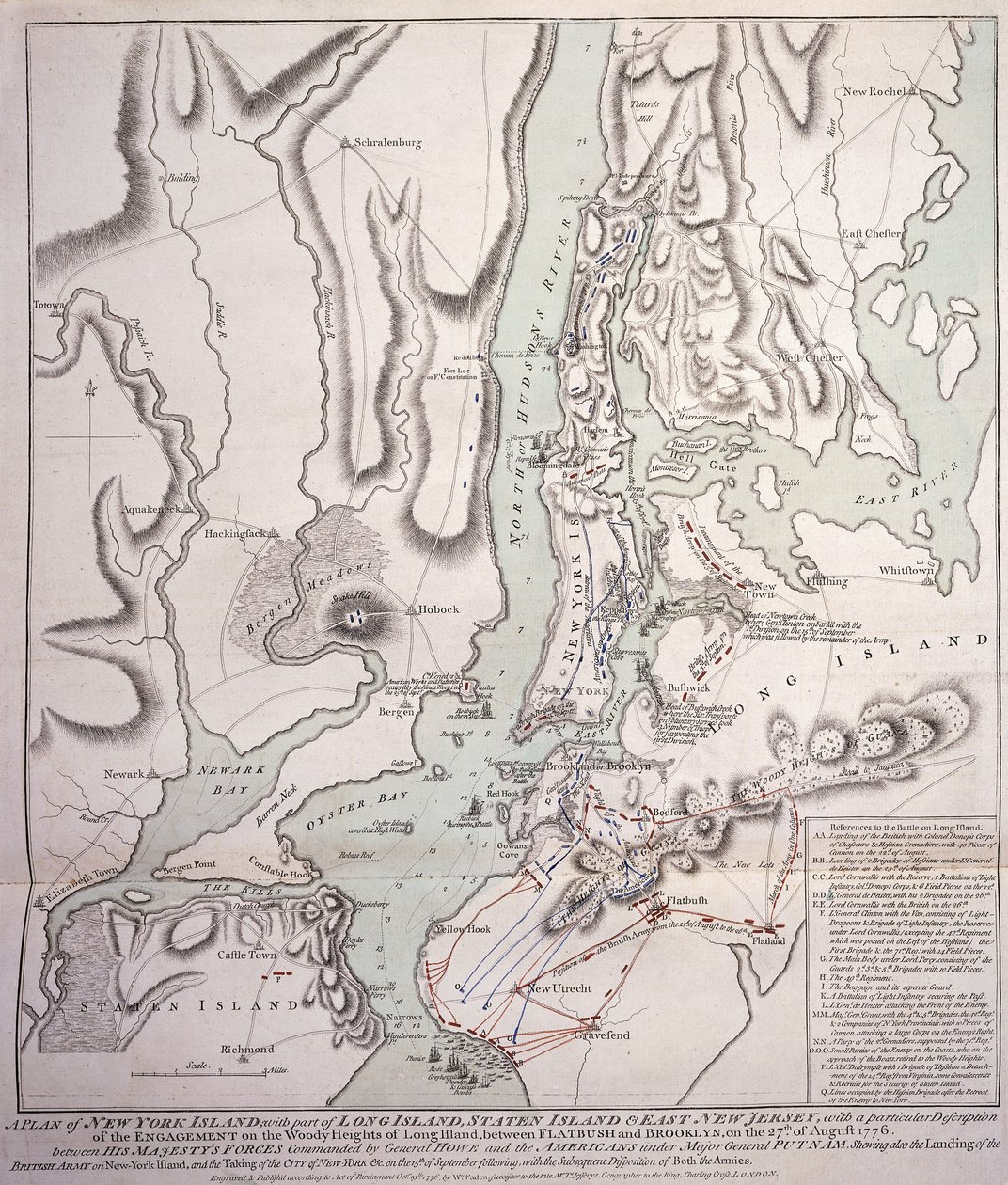 Plan av New York Island med en del av Long Island, Staten Island och East New Jersey och förlovningen på Woody Heights of Long Island mellan de brittiska styrkorna, under ledning av general Sir William Howe av William Faden