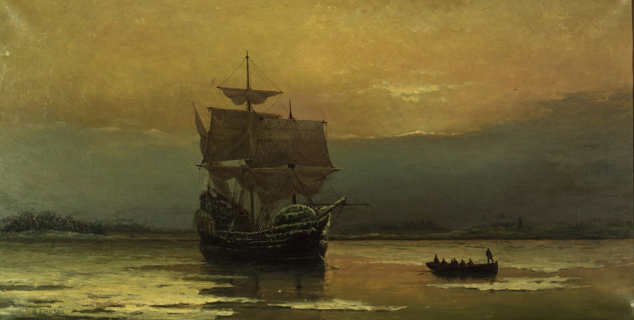 Mayflower vid hennes ankomst till Plymouth Harbor, 1882. av William Formby Halsall