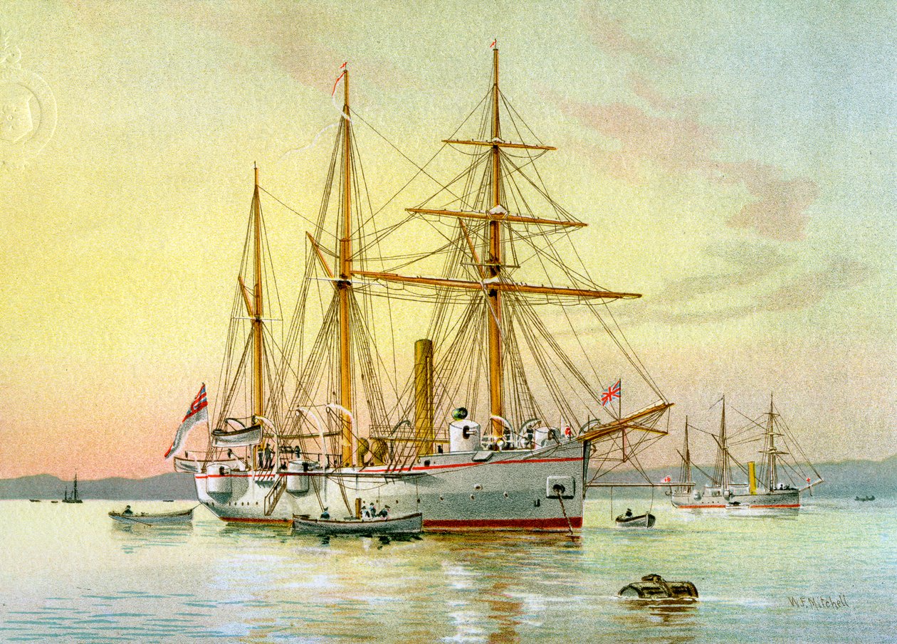 HMS Bramble, Royal Navy 1:a klass kanonbåt, c1890-c1893. av William Frederick Mitchell