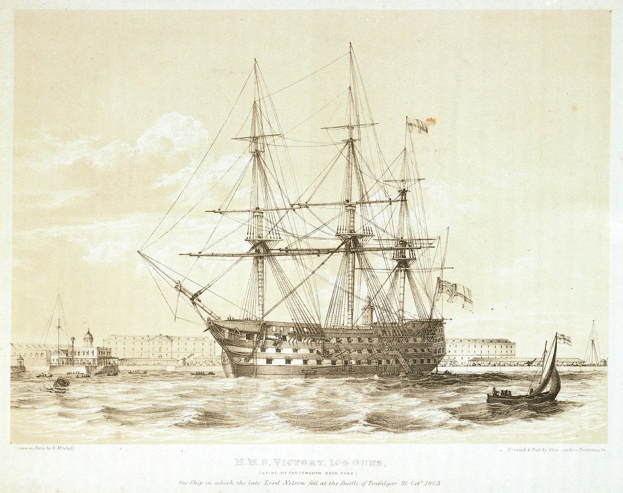 HMS "Victory", sent 1700-tal till tidigt 1800-tal (färglitografi) av William Frederick Mitchell