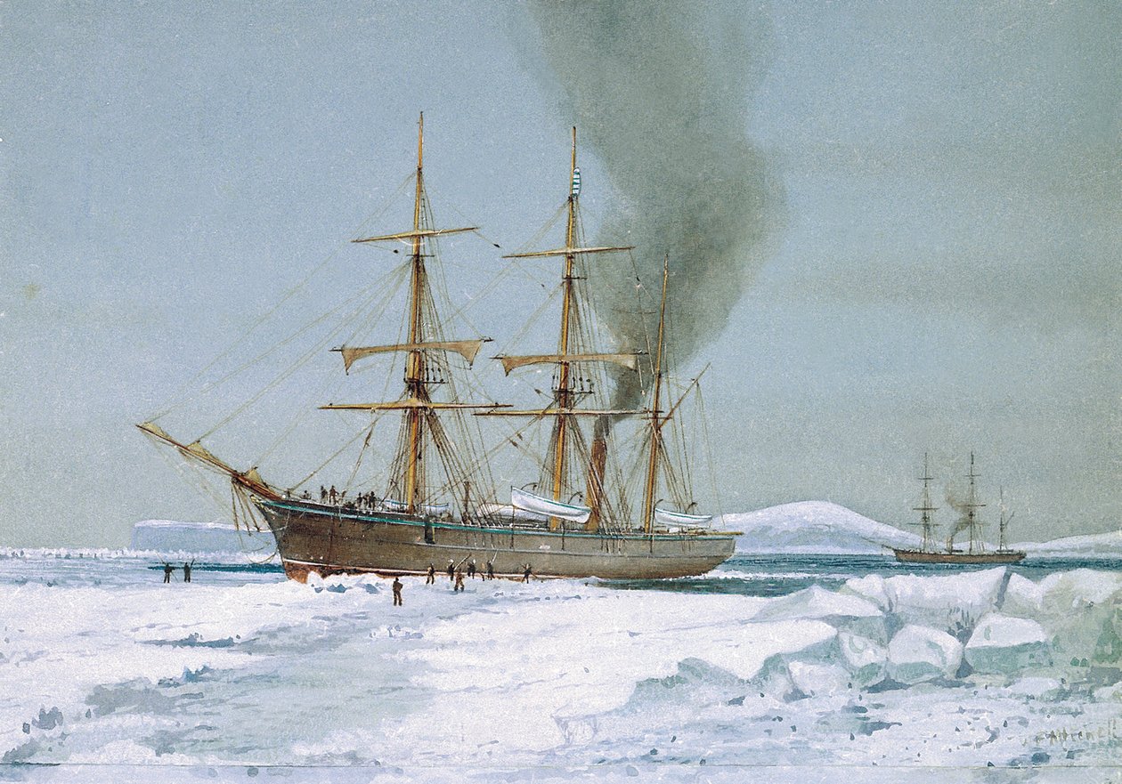HMS "Discovery" tar sig fram genom isen, fartyget är konstruerat för expeditioner till Antarktis. Akvarell, ca 1901, av William Frederick Mitchell (1845-1914). av William Frederick Mitchell