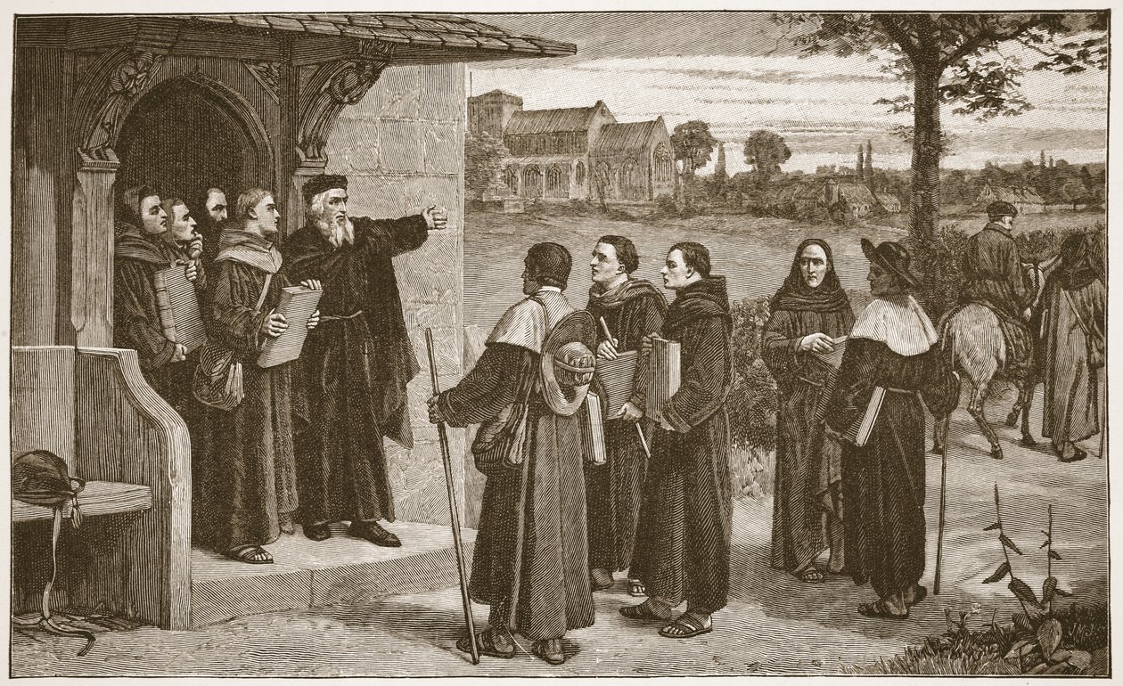 Wycliff skickar ut sina "fattiga präster", illustration från "The Church of England: A History for the People" av H.D.M. Spence-Jones, pub. ca 1910 (sepiafoto) av William Frederick Yeames