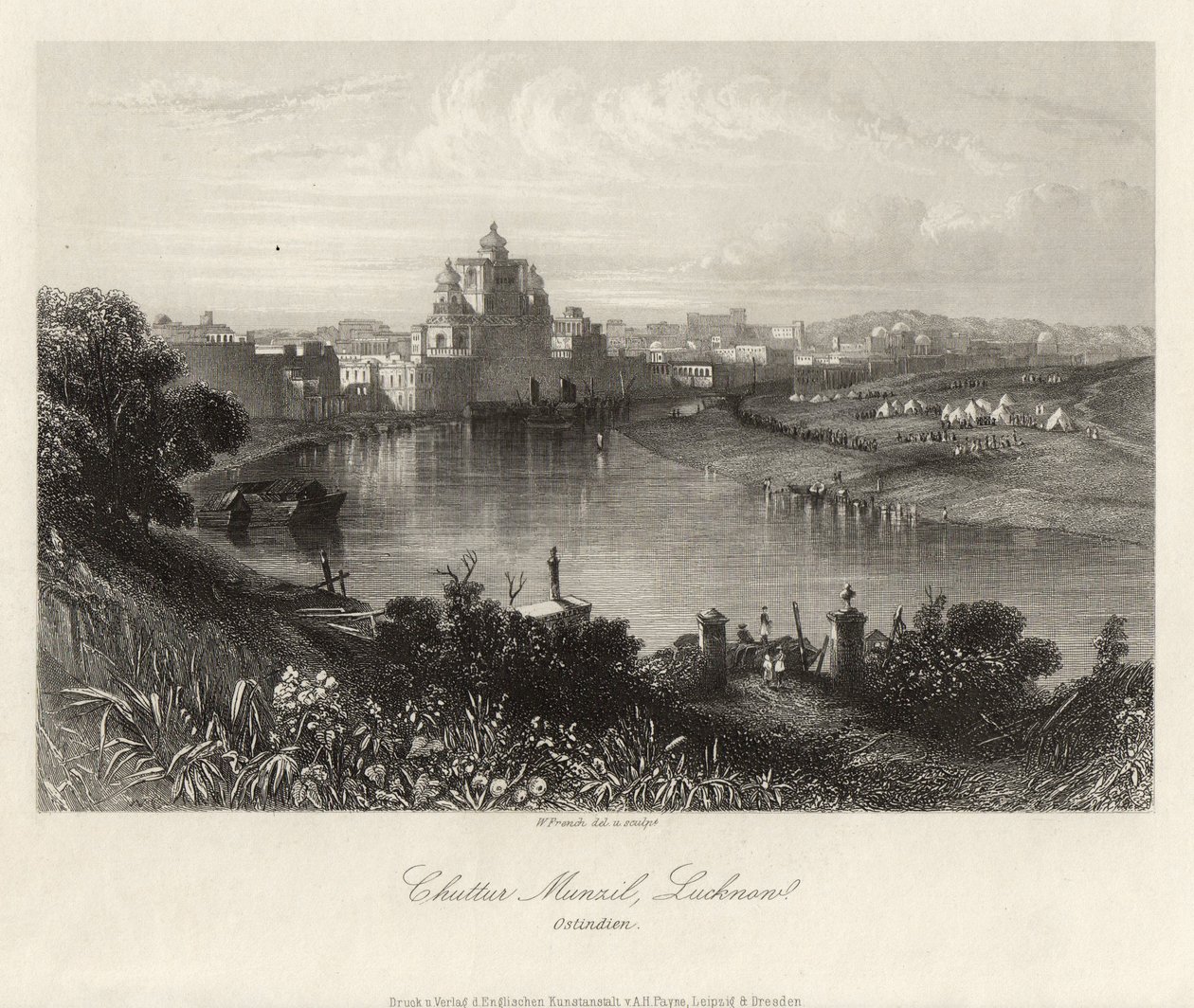 Allmän vy, över Gomati, Chuttur Munzil, Lucknow. av William French