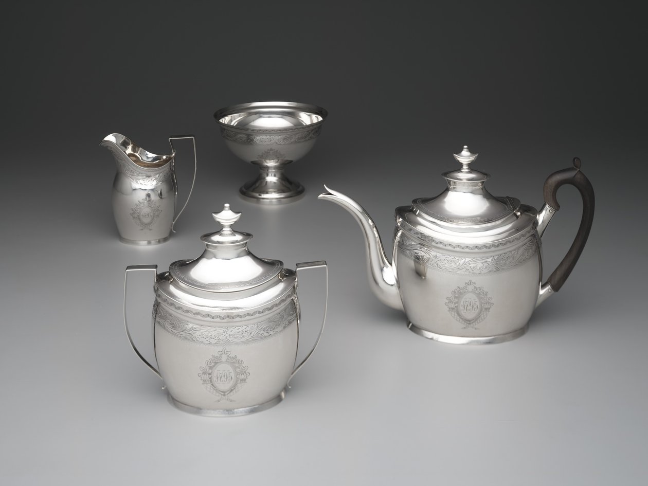 Tekanna, gräddkanna, avfallsskål och sockerskål, ca 1795 (silver och lövträ) av William Garret Forbes
