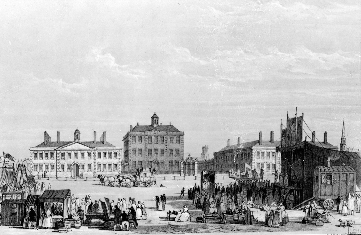Old Liverpool Infirmary and Alms-Houses, med John Cookes cirkus i förgrunden, ca 1826 av William Gavin Herdman
