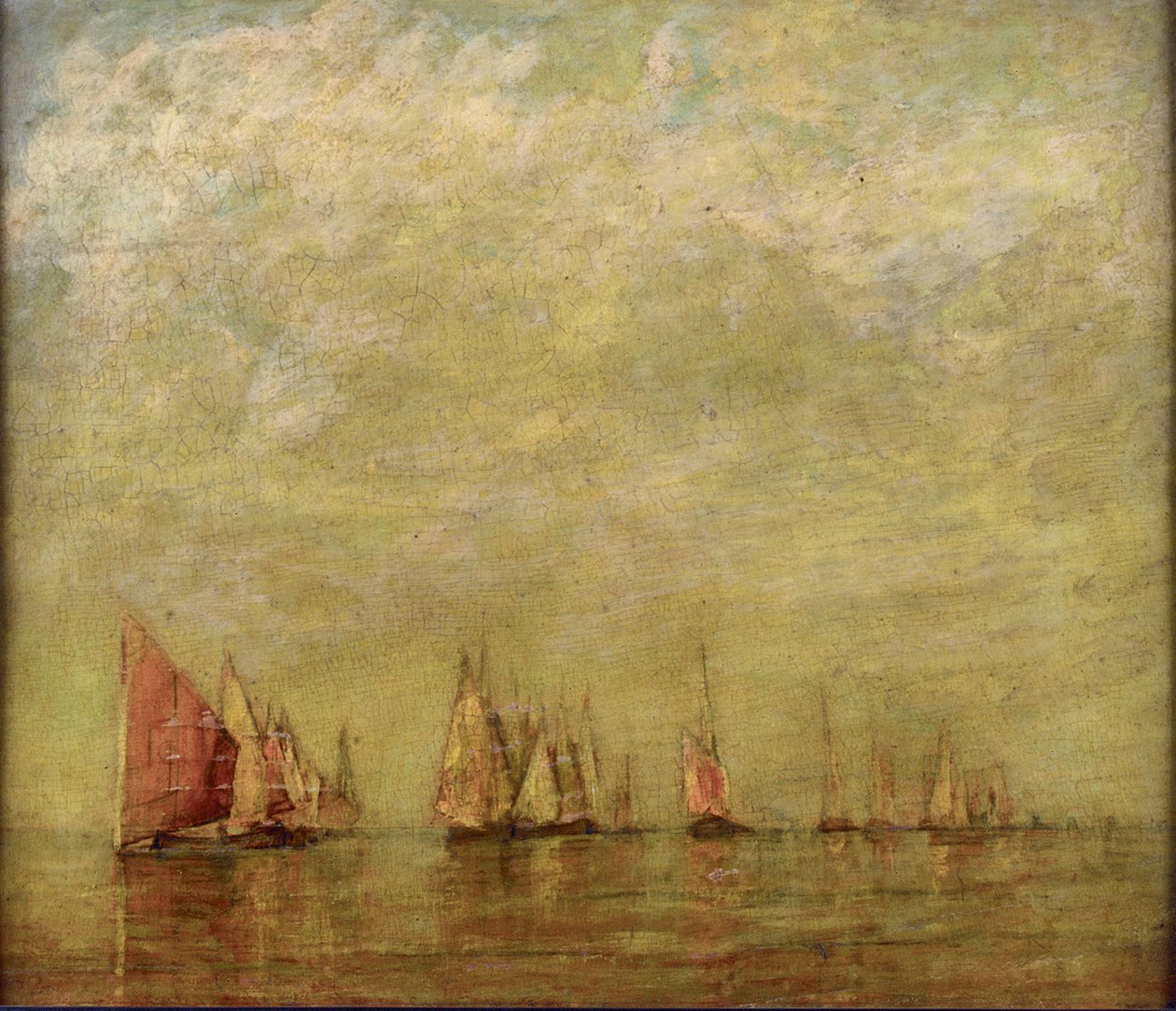 Venetianska båtar som speglar sig i det lugna havet. Olja på trä av William Gedney Bunce