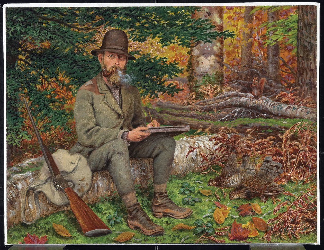 Självporträtt i jaktutrustning, ca 1875 (olja & grafit på papper på laminerad träfiberskiva) av William George Richardson Hind