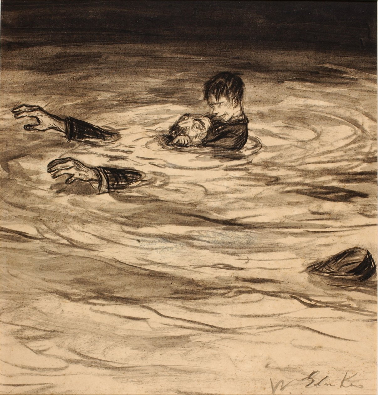 Han lägger sig på Gothecores rygg och krokar sedan högerarmen om Gothecores hals - den vanliga garottekramen av William Glackens