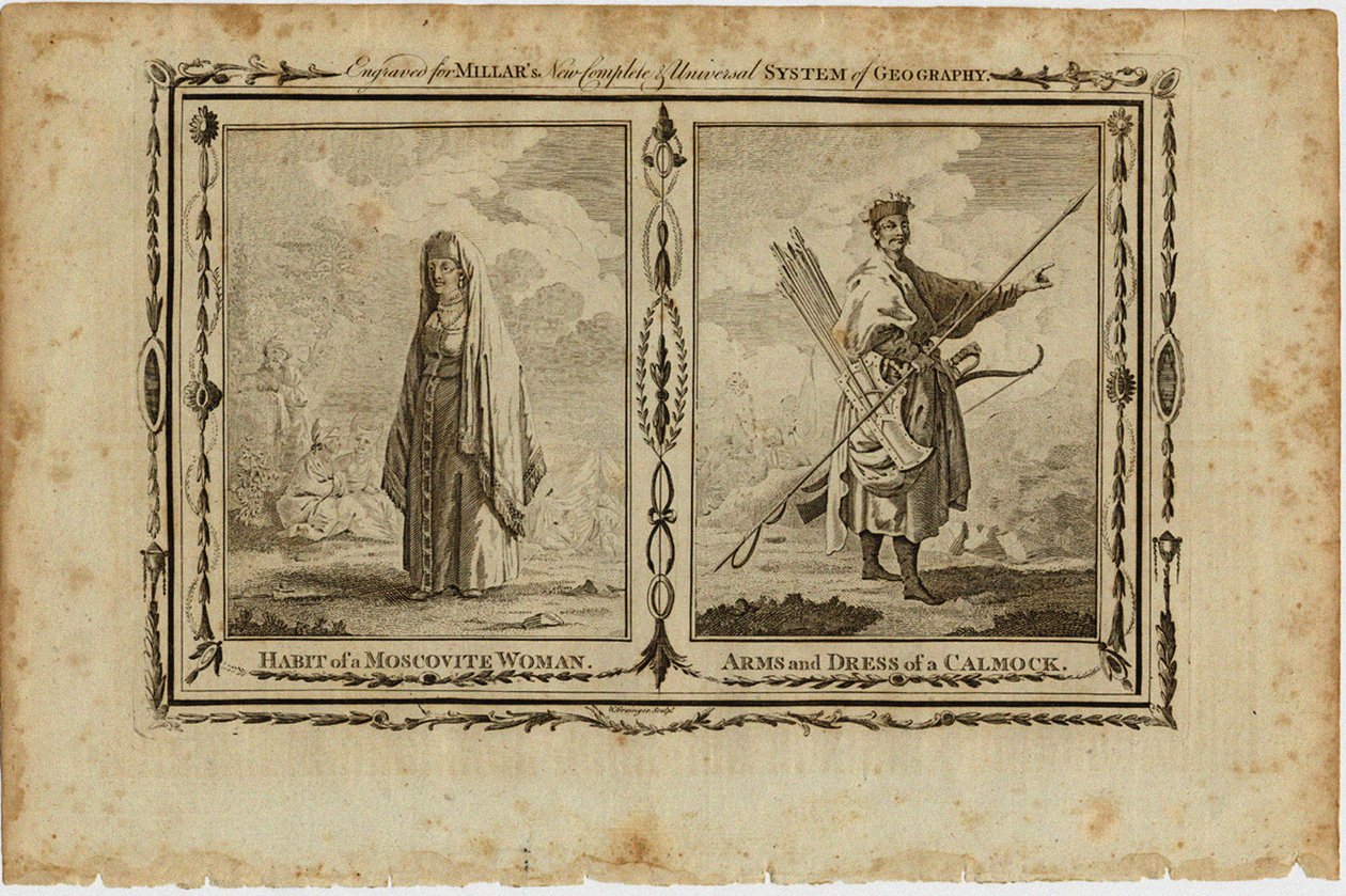 En moskovisk kvinnas vanor och en Kalmyks vapen och klädsel, ca 1730 av William Grainger
