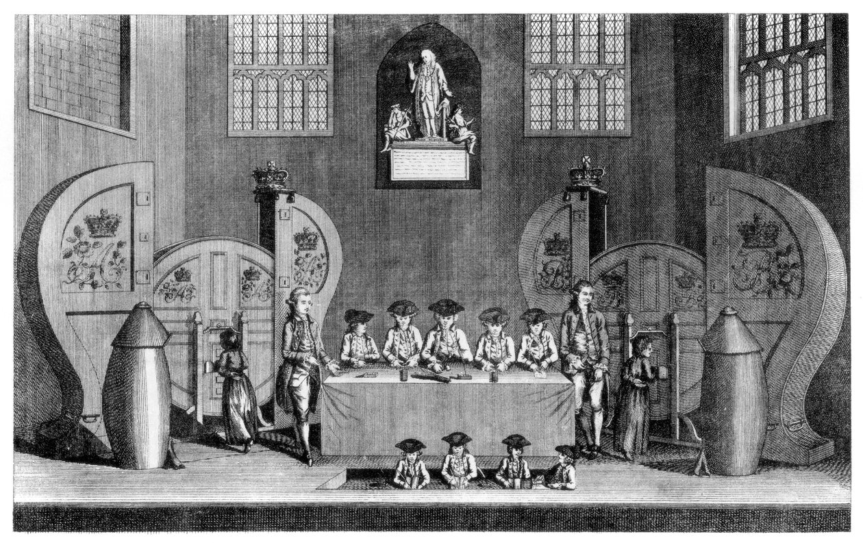Draging the State Lottery i Guildhall, City of London, 1763 1886. av William Griggs