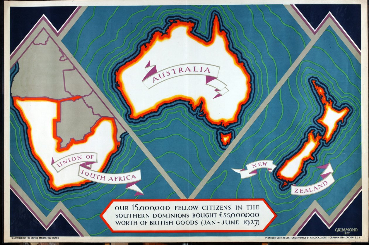 Union of South Africa, Australien, Nya Zeeland, från serien "Where Our Exports Go" av William Grimmond