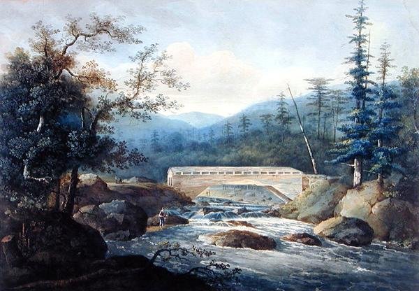 Täckt bro över Sacandaga River, Hadley, NY, ca 1820 (grafit och akvarell på papper) av William Guy Wall