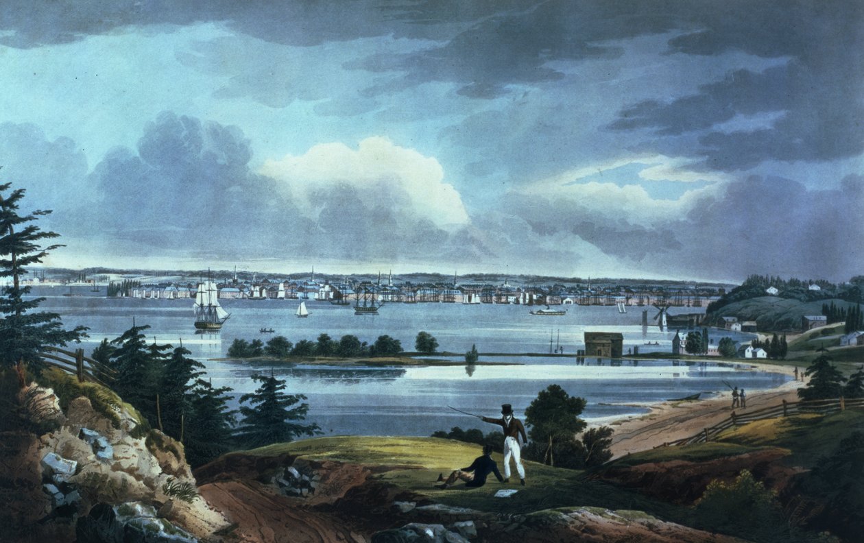 New York från höjderna nära Brooklyn, 1820-23 (färgad akvatint) av William Guy Wall
