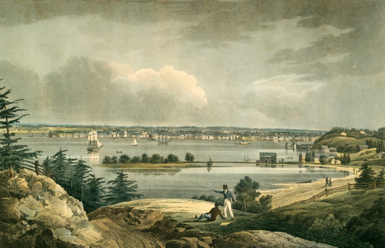 New York från Heights nära Brooklyn, pub. 1828 (handfärgad gravyr) av William Guy after Wall