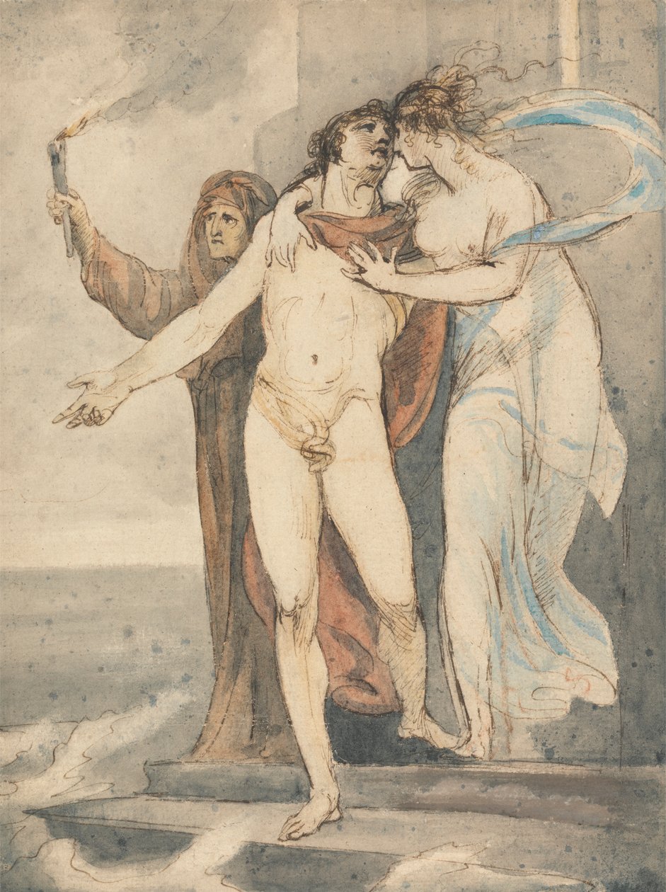 Leander tar avsked från Hero innan han simmar tillbaka över Hellespont av William Hamilton