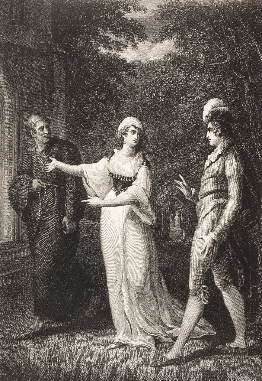 Olivias trädgård, akt IV, scen III, från "Twelfth Night, Or What You Will", från The Boydell Shakespeare Gallery, publicerad i slutet av 1800-talet av William Hamilton