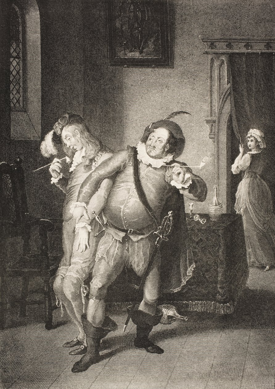 Olivias hus, akt II, scen III, från "Twelfth Night, Or What You Will", från The Boydell Shakespeare Gallery, publicerad i slutet av 1800-talet. av William Hamilton
