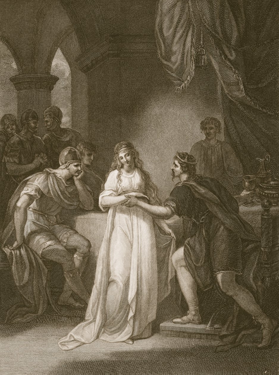 Vortigern och Rovena, graverad av Delatre, illustration från David Humes "The History of England", utgiven av R. Bowyer, London, 1812. av William Hamilton