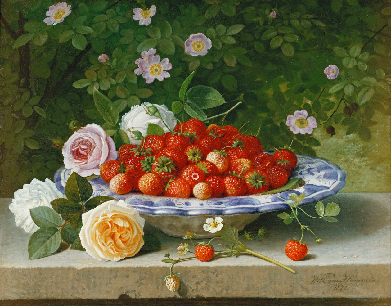 Jordgubbar i en blå och vit bucketeller med rosor och sött briar på en avsats, 1871 av William Hammer