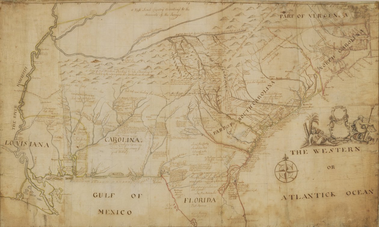 Karta över den sydöstra delen av Nordamerika, 1721 (penna och bläck och tvätt på papper) av William Hammerton