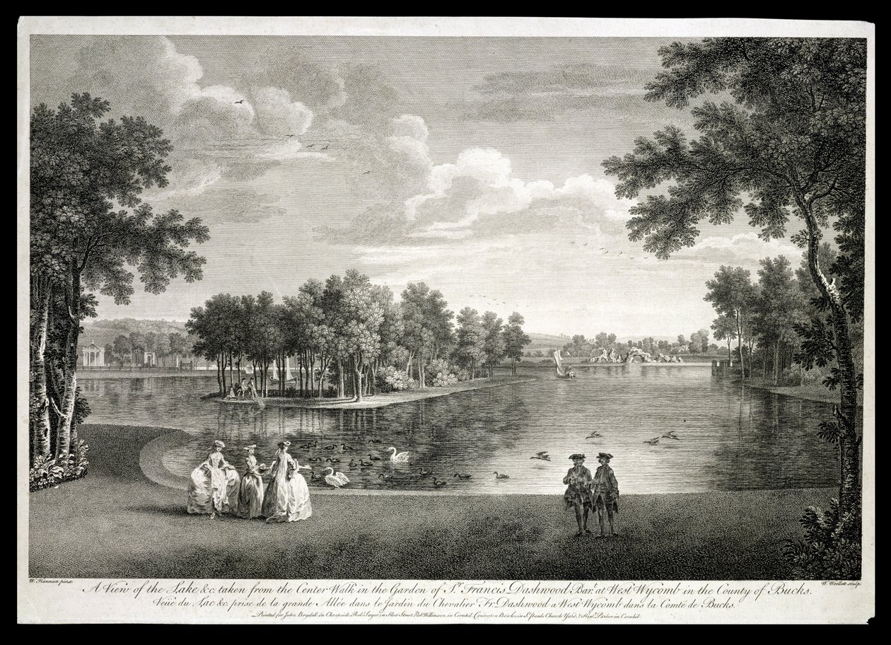 Utsikt över sjön från Centre Walk i trädgården vid West Wycombe, Buckinghamshire, graverad av William Woollett (1735-85) av William Hannan