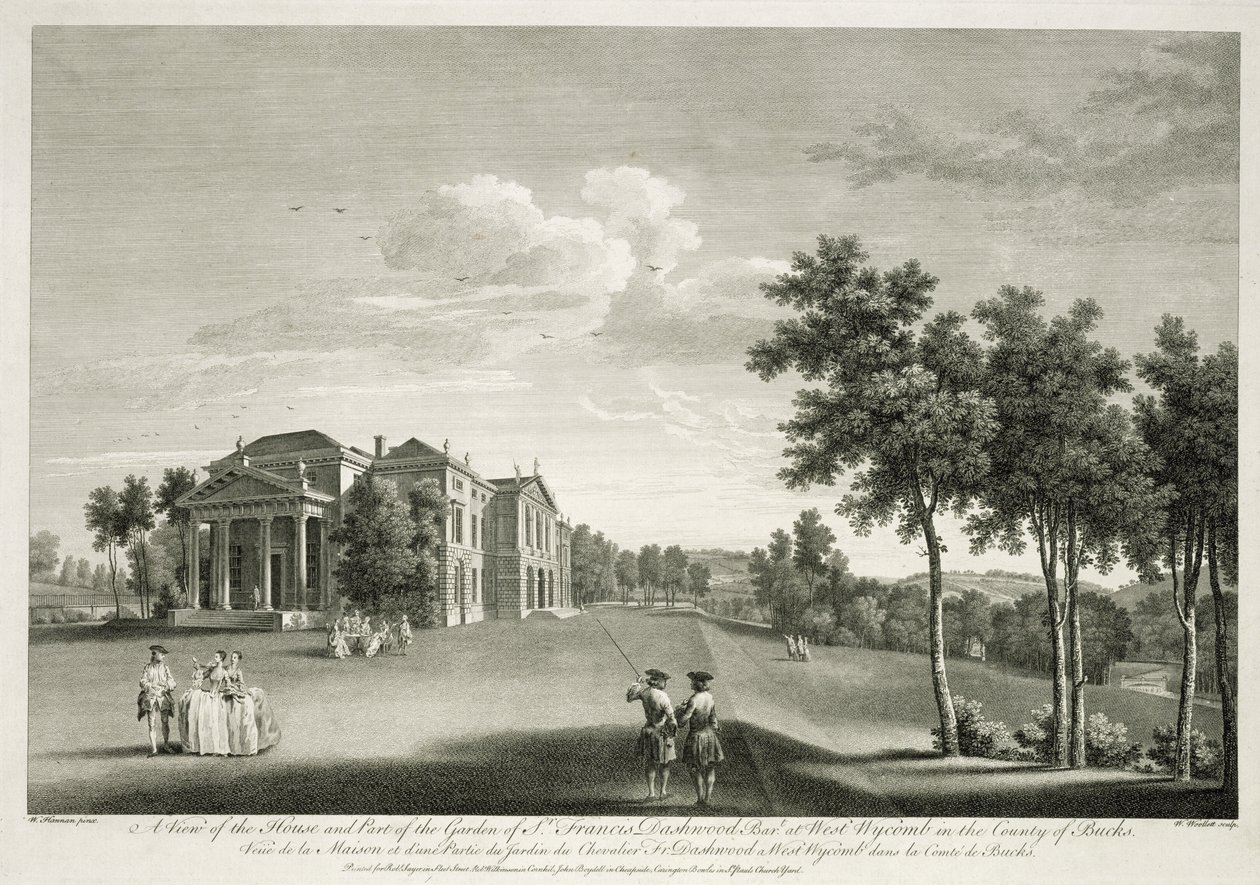 Utsikt över huset och en del av trädgården i West Wycombe, Buckinghamshire, graverad av William Woollett (1735-85) av William Hannan