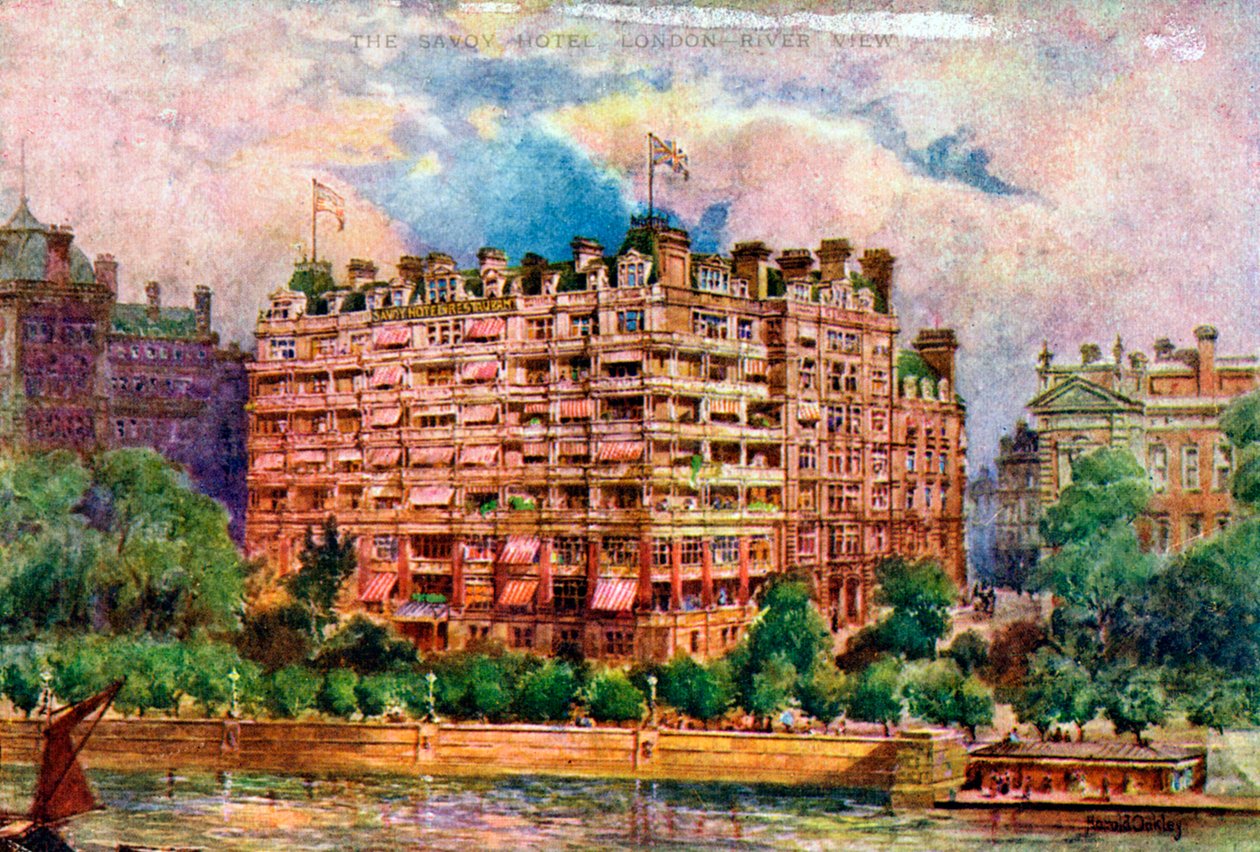Savoy Hotel sett från Themsen, London, 1905. av William Harold Oakley