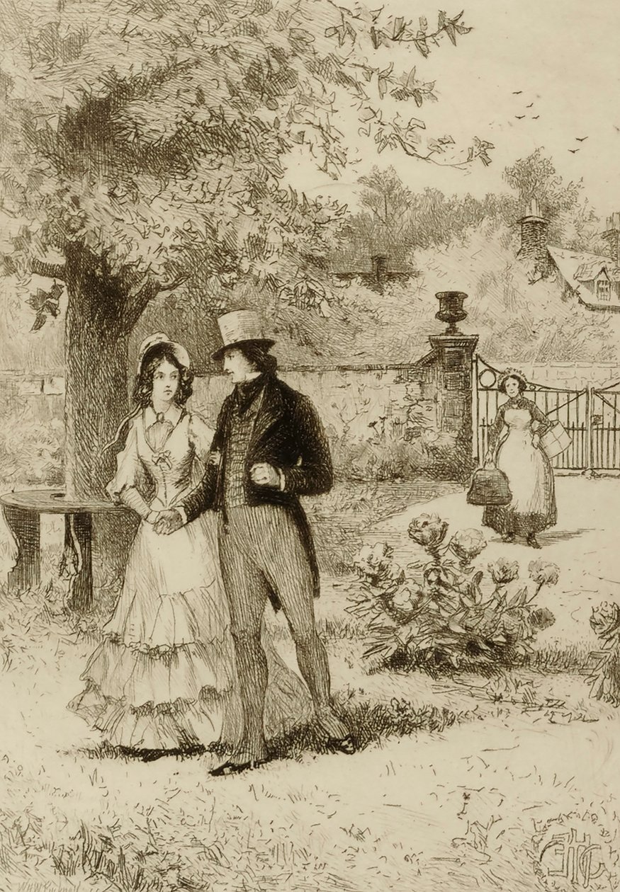 Utan titel (par som promenerar i en trädgård) av William Harry Warren Bicknell