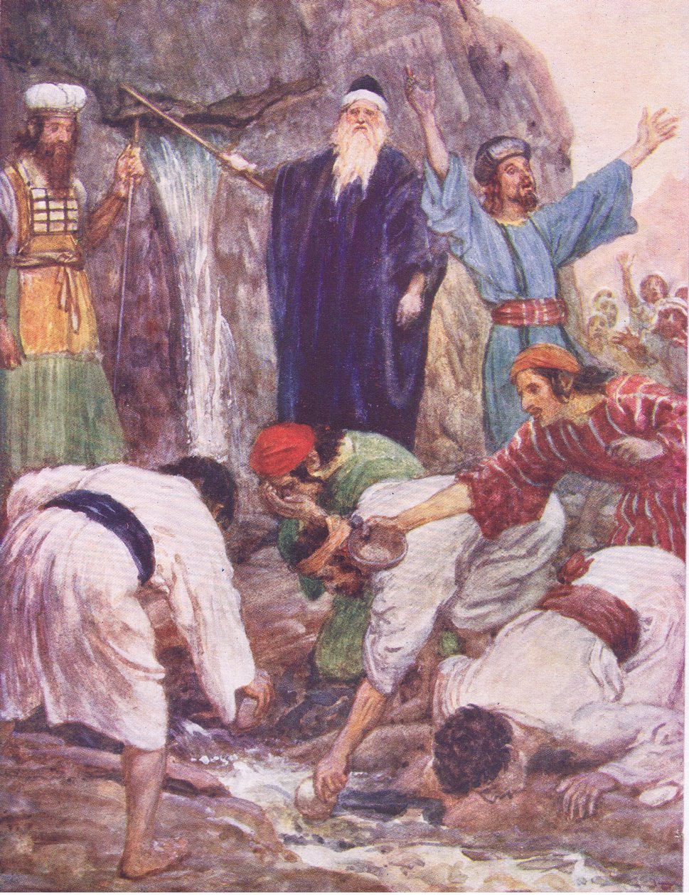 Moses slår klippan, från The Bible Story publicerad av Hodder & Stoughton, c.1930 av William Hatherell